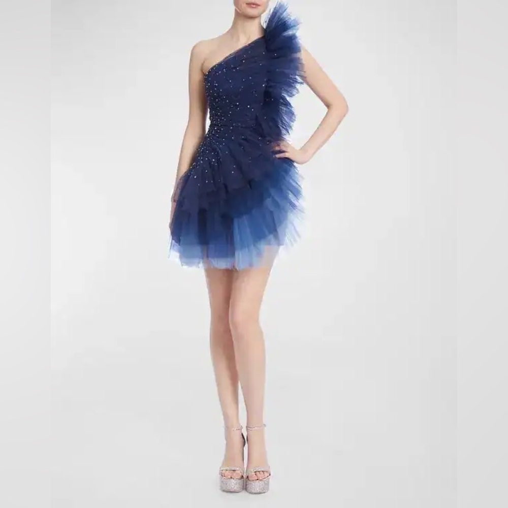 Badgley Mischka Navy Blue One-Shoulder Prom Dress